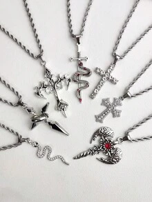1 pieza Colgante de cruz completamente plateado de acero inoxidable con cadena retorcida y zirconia micropavimentada, estilo vintage, adecuado para uso diario, unisex de estilo hip hop - Plateado - Ver 1