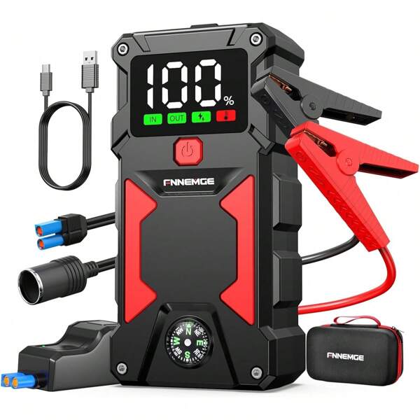 FNNEMGE Starthilfe Powerbank 6000A Spitzenstrom, Geeignet für 12V Auto Batterie(Alle Benzin und 10,0L Dieselmaschine), mit USB-Ladeausgang, LED-Licht, HD-Großbildschirm, EC-5 Ausgabe.