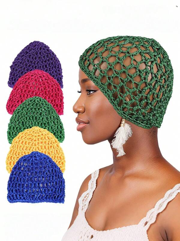 1pc Women's Mesh Crochet Hollow Head Cap, Fashionable Lightweight Solid Color Hand-Knitted Weaved Hair Net Headscarf Hat