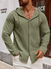 (Ramadan Clothing) Men's Cotton Linen Hooded Long Sleeve Lightweight Breathable Button-Up Shirt, Casual Fashion Tops For Daily Commute/Beach Vacation - Army Green - View 4