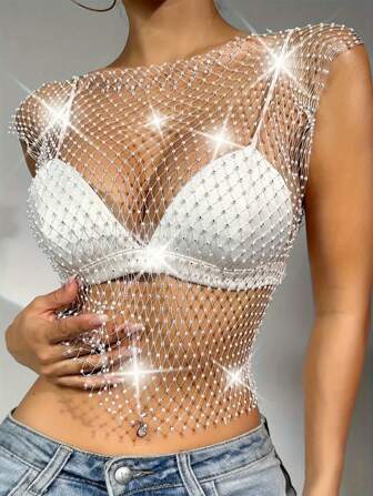 1 件女士性感水钻网眼短款上衣 - 透明弹性圆领派对上衣，黑色俱乐部无袖背心，夏季女士性感配饰，适合夜间外出和节日活动，晚礼服，钻石图案，适合表演或夜总会礼服，精美礼物