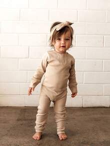 Newborn Baby Boy Knit Jumpsuit Ribbed Romper Newborn Coming Home Outfit Infant Fall Winter Clothes With Hat - 米色 - 查看 2