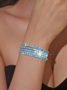 5pcs Sparkling Crystal Rhinestone Elastic Bracelets, Adjustable Party Blingbling Jewelry Gift For Women - Sky Blue - View 4