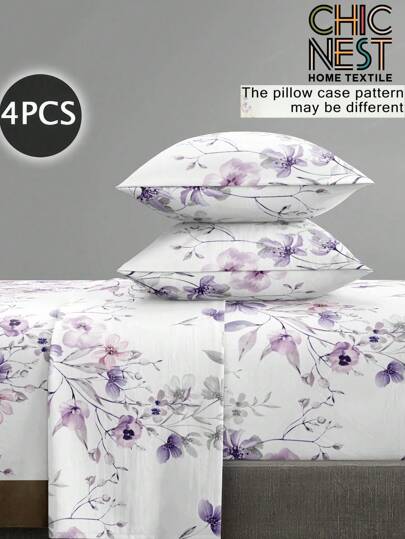 4Pcs/Set Botanical Garden Pink Purple Flower Pattern Sheet Set Bedding Set, 1pc Fitted Sheet & 1pc Flat Sheet& 2pcs Pillowcase Bedding Mattress Protector Set (Not Including Pillow Core)Luxury Fitted Sheet Set King Queen Full TWIN SIZE Sheet Deep Pocket Up To 11.8 Inch Pillowcase, Soft Breathable Wrinkle-Free Better For Sleep, Luxury Hotel Style, Gift For Mom Dad Friend Back School Domitory Bedding