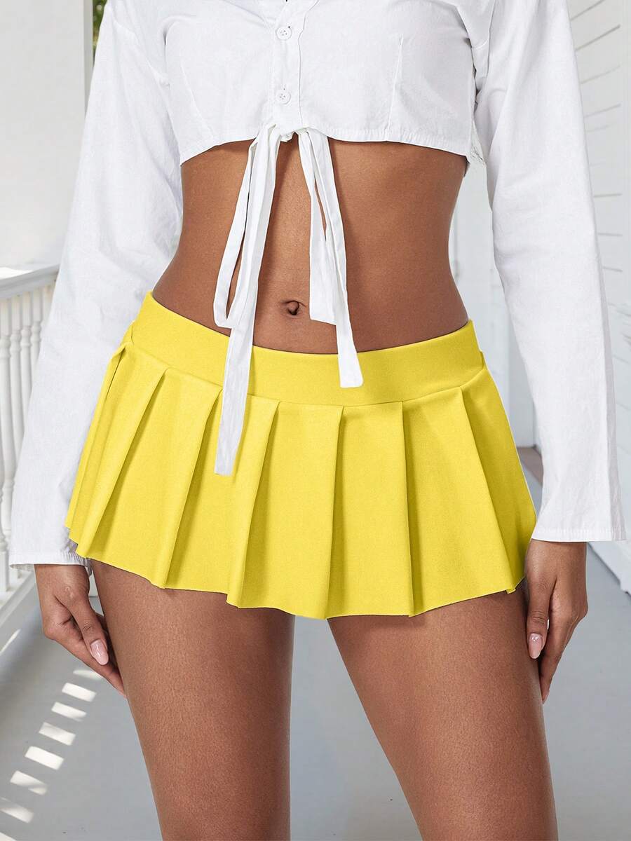 Ladies Mini Skirt, Dance Club Party Frill Short Skirts, Schoolgirl Pleated Micro Skirt - 黃色 - 查看 1