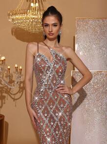 Vestido ceñido de malla transparente sin mangas con tirantes finos y lentejuelas, vestido de noche formal para mujer para invitada de boda, dama de honor, fiesta, vacaciones