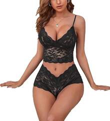 Floral Lace Lingerie Set High Waist Sleepwear Bra And Panty 2 Piece Nightwear 2025 Back-To-School Season Fall Pjs - Bowless Black - 查看 3