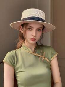 1pc Women Khaki Sun Hat, New Summer Straw Knitting, Simple Holiday Style, Beach Hat, Suitable For Beach, Party, Fishing, Jungle - MZ2705 - View 3