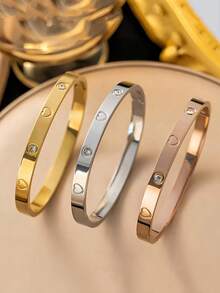 18K镀金不锈钢奢华彩色立方氧化锆手镯，女士时尚首饰 - 愛心 - 查看 7