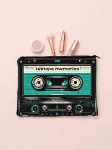 Bolsa de maquillaje con impresión plana 2D de la cinta de cassette vintage "She's So Unusual" de los años 80, un divertido regalo de cultura popular para amantes de la música, con cremallera y diseño retro, lavable a mano, colores mixtos, de vuelta a la escuela