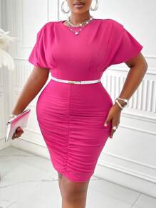 Women's Plus Size Round Neck Padded Shoulder With Ruched Hem Bodycon Dress