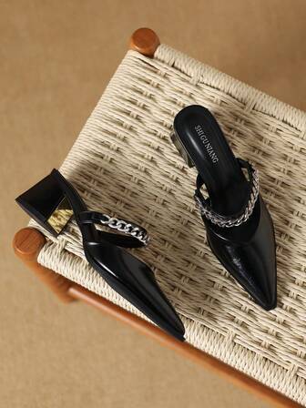 2025 年夏季新款时尚办公室休闲百搭派对女士穆勒鞋，纯棕色尖头一脚蹬凉鞋，欧式金属链条装饰优雅简约高品质高跟罗马鞋，适合阔腿裤和连衣裙 6001-5