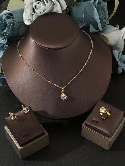 4 件套时尚简约锆石吊坠项链、耳环、戒指首饰套装，适合女士日常佩戴