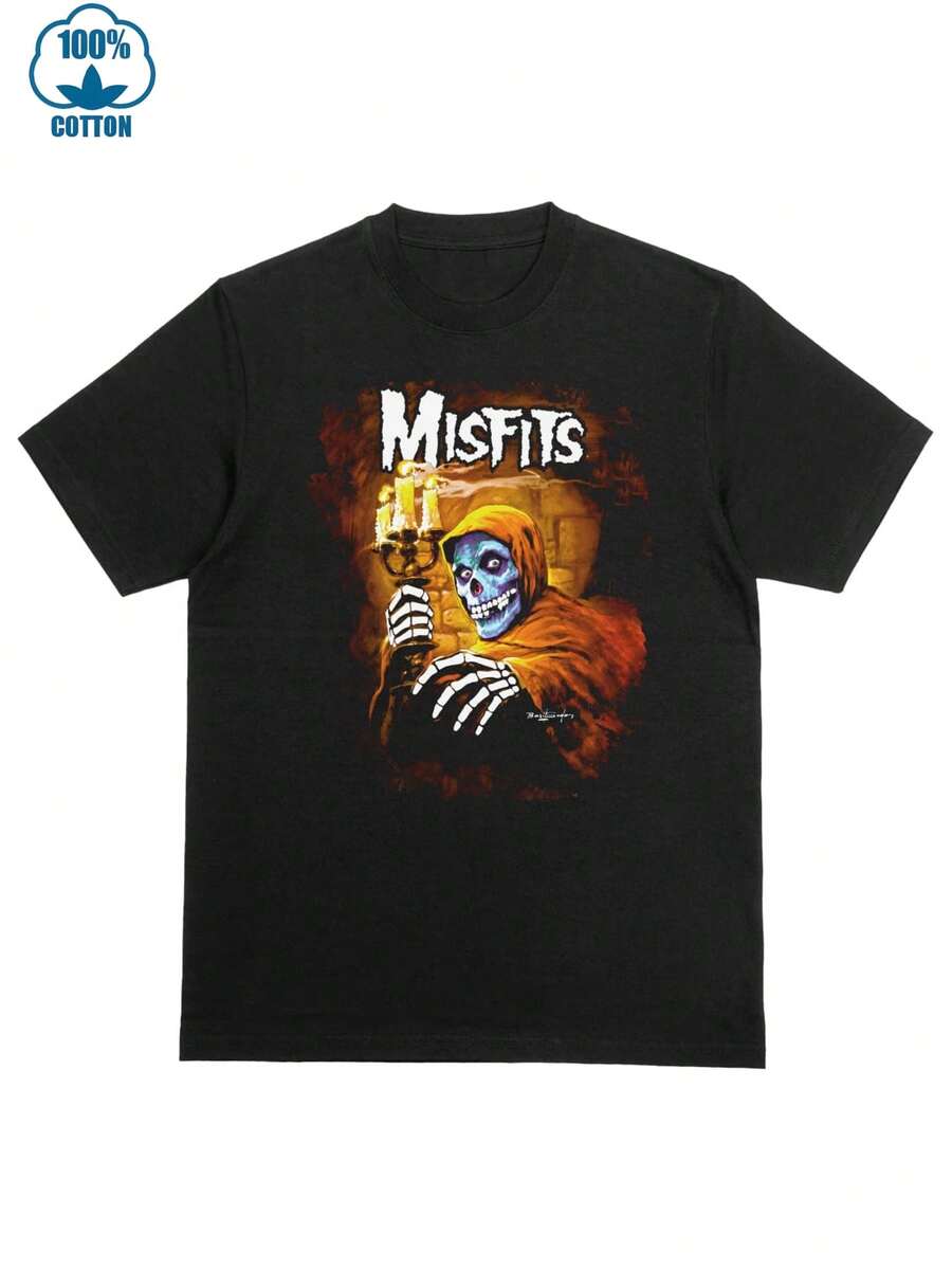 1Pcs Men's Round Neck Short Sleeve Casual T-Shirt 100% Cotton Digital Print Misfits Punk Motif Design 220g Street Style T-Shirt - 黑色 - 查看 1