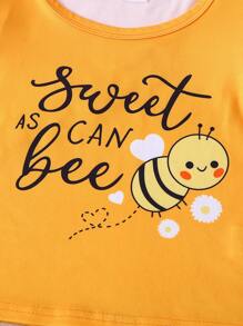 6pcs/Set Girls Casual "English Letter", "Bee", "Butterfly", "Ladybug" Printed Top & Matching With Bowknot, "Bee", "Butterfly", "Ladybug" All Over Print Random Cut Shorts Outdoor Suit, Spring/Summer