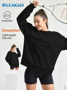 GEMCHO Women's Casual Round Neck Sweatshirt Basic Solid Sweatshirt Simple Daily - Black - View 1