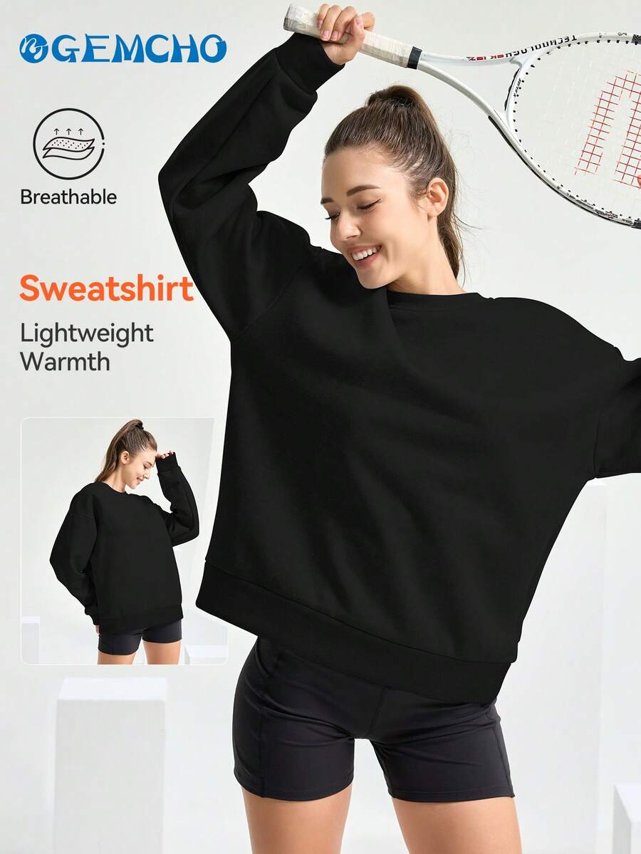 GEMCHO Women's Casual Round Neck Sweatshirt Basic Solid Sweatshirt Simple Daily - Black - View 1