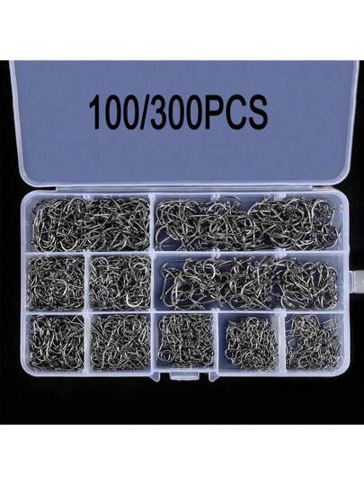 100/300pcs High Carbon Steel Fishing Hooks Set, Sport Circle Sharp Piercing Hooks, Sizes #3 To #12 - Assorted Fishhooks With Storage Box For Freshwater Saltwater Fishing