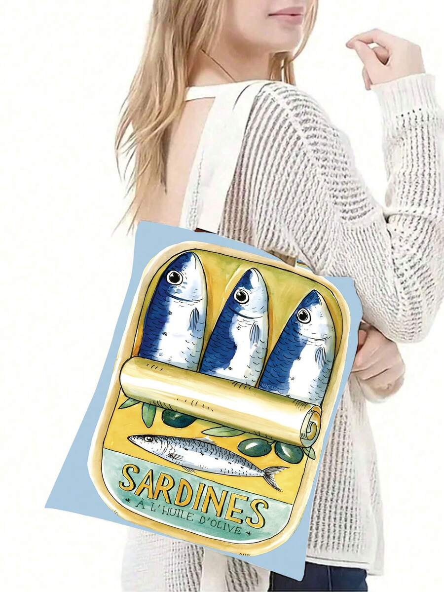 1 Túi vải Canvas bền chắc có họa tiết cá mòi, Túi mua sắm họa tiết hai mặt, Quà tặng cho bạn bè, Quay lại trường học - Nhiều màu - Xem 1