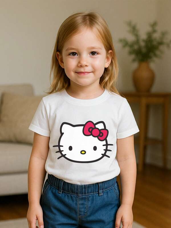 Sanrio 1 Piece Sanrio Kitty Cat Women's Kids T Shirt, Kitty Cat Cartoon Pattern, Kitty Cat Pattern Short Sleeve, Cute Girls Printed Pattern Short Sleeve, Cartoon Kids T Shirt, Everyday Home Pajamas, Basic Bottom Short Sleeve, Casual Fashion Style, Comfortable Simple Kids Girls