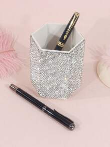 1pc White Luxurious Crystal-Inlaid Desk Pen Holder, Creative Ceramic Rhinestone Makeup Brush Holder, Fashion Cosmetic Organizer Storage