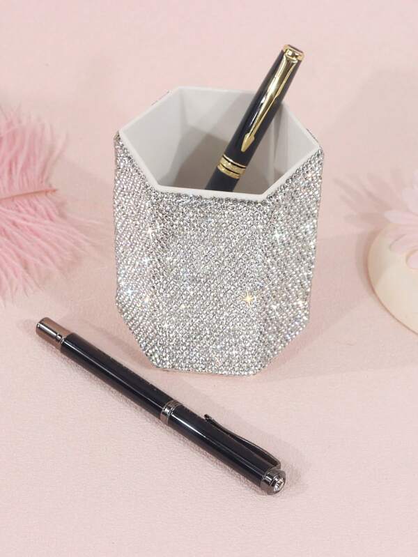 1pc White Luxurious Crystal-Inlaid Desk Pen Holder, Creative Ceramic Rhinestone Makeup Brush Holder, Fashion Cosmetic Organizer Storage