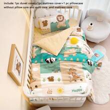3pcs/Set Cartoon Bear & Dinosaur Printed Bedding Set, Tropical Rainforest Style, Suitable For Nursery, Kindergarten Nap Mat, Children's Bedroom, Includes 1 Duvet Cover (47*59in), 1 Pillow Sham (23*53in), 1 Pillowcase (11*19in) (Without Filler)