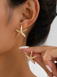 1 Pair Minimalist Metal Smooth Five-Pointed Star & Starfish Stud Earrings For Women, Summer Beach Holiday, Gift For Friend