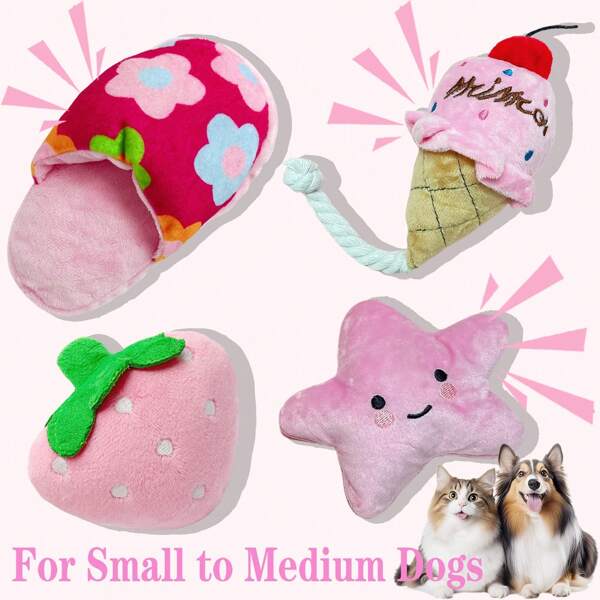 4Pcs/Set Puppy Squeaky Dog Toys Set Plush Puppies,Cute Chew Pets Dog Toy With Squeakers For Small Dogs Playtime, Small To Medium Dog Plush Toys, Interactive Play Toys Pink Dog Cat Toys Interactive Squeak Toys For Fun Teeth Cleaning