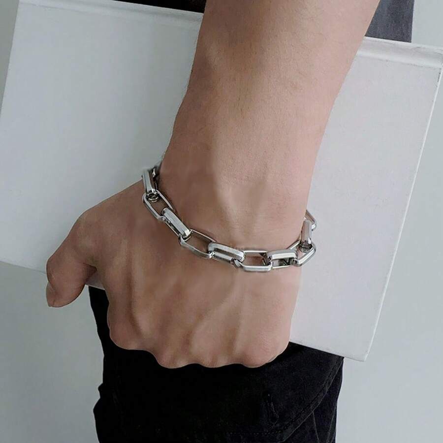 1pc Oversized Industrial Style Titanium Steel Cuban Link Bracelet For Men And Women, Adjustable Unisex Hip Hop Bracelet