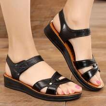 Women's Summer Sandals - Casual Solid Color, Breathable Hollow Design, Hook And Loop Closure, Flat Heel Beach Shoes, Multi-Function Sandals | Flat Sandals | Comfortable Fit, With Strap - Black - View 3