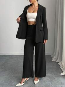 Elegant Solid Color Suit Jacket & Pants Set - Black - View 5