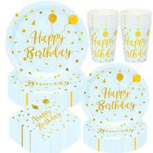 50 piezas/80 piezas Juego de vajilla para fiesta de cumpleaños en azul claro (platos, vasos, servilletas) Decoraciones de fiesta de cumpleaños en azul claro y dorado para hombres y niños, para 10/20 invitados - oro azul - Ver 2