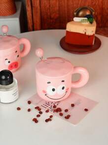 1 Stück 350 ml rosa Keramik Kaffeebecher mit Deckel & Löffel, süßer Cartoon Schwein Milchbecher mit Griff, sinnvolles Geschenk zum Geburtstag und für Paar, stilvoller Wasserbecher