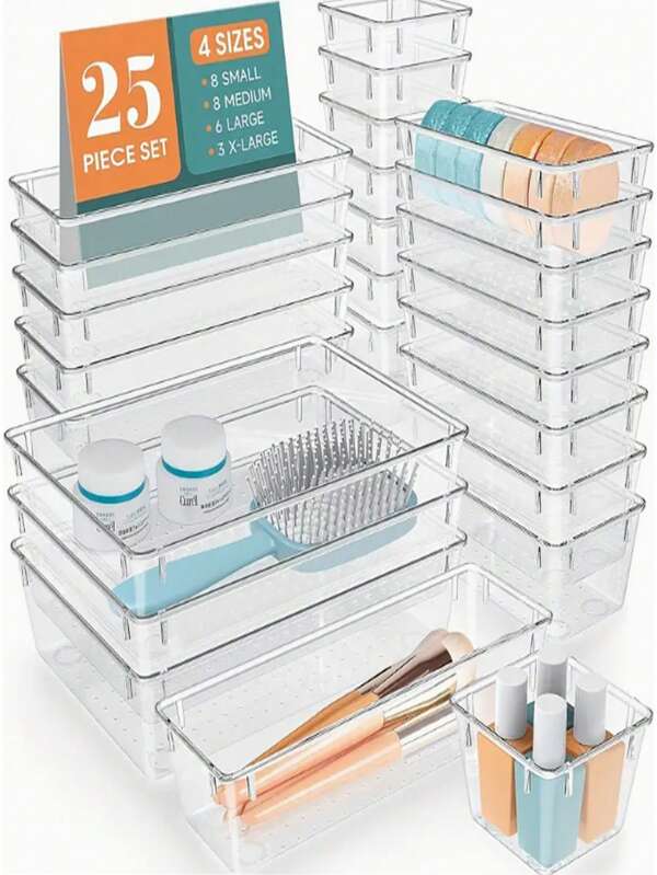 9/18/25pcs Transparent Plastic Drawer Storage Boxes Set - Multi-Functional Desk Drawer Organizer Trays - Customizable For Cosmetics, Office, Bathroom Layout - Transparent Design - Great For Bathroom Accessories Organizer - Enhance Home And Office Organization For Women Storage Organizer Travel Essentials For Women Storage Organizer Travel Essentials Gift