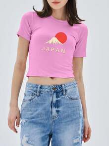 Camiseta con manga corta de moda con diseño de monte y sol de Japón para mujer - Rosa - Ver 1