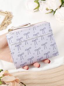 粉色蝴蝶结爱心图案多功能零钱包，时尚勃艮第钱包，女士短款钱包，两折设计，多卡位，银行卡收纳，信用卡收纳，零钱包，拉链开合，照片窗口，优质皮革，是送给女朋友、母亲、老师、情人节、日常使用、旅行必需品、办公室、购物的理想旅行包和礼品袋，女士必备钱包和卡夹 - 粉色 - 查看 15