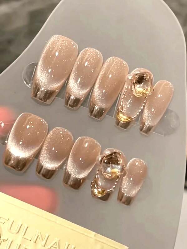 10Pcs Handmade Nail Art Fake Nail Patches, Nude Cat Eye Magic Mirror French Nail Art Patches, Salon Quality, Suitable For Daily Wear And Use By Women Of Different Styles