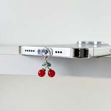 New Palace Style Drip-Oil Alloy 3D Red Cherry Mobile Anti-Dust Plug Pendant Accessories Fit For IPhone, Android Type-C Charging Port Dust Plug Decoration