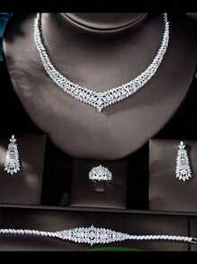 1 Set High-End Dazzling Necklace Earrings Cubic Geometric Set Necklace Earrings Bracelet Zirconia Suitable For Party Evening Party Gift Bridal Hostess Dress Accessories