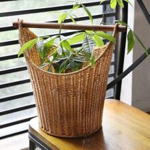 1pc Vintage Style Handwoven Plastic Storage Basket, With Wooden Handle, Multipurpose Open Top Organizer Box, Suitable For Bathroom And Home Decor, Shelf Basket Back To School