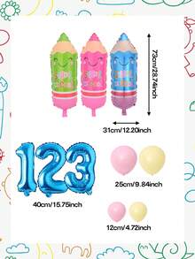 28pcs/Set Back To School Theme Decoration Balloons - Back To School Party Decor Set, Pencil Balloons (Pink/Green/Blue), 16" "123" Slogan Banner Balloons (Silver/Blue/Magenta), 10"/5" Latex Balloons (Light Pink/Light Yellow) - Multicolor - View 2