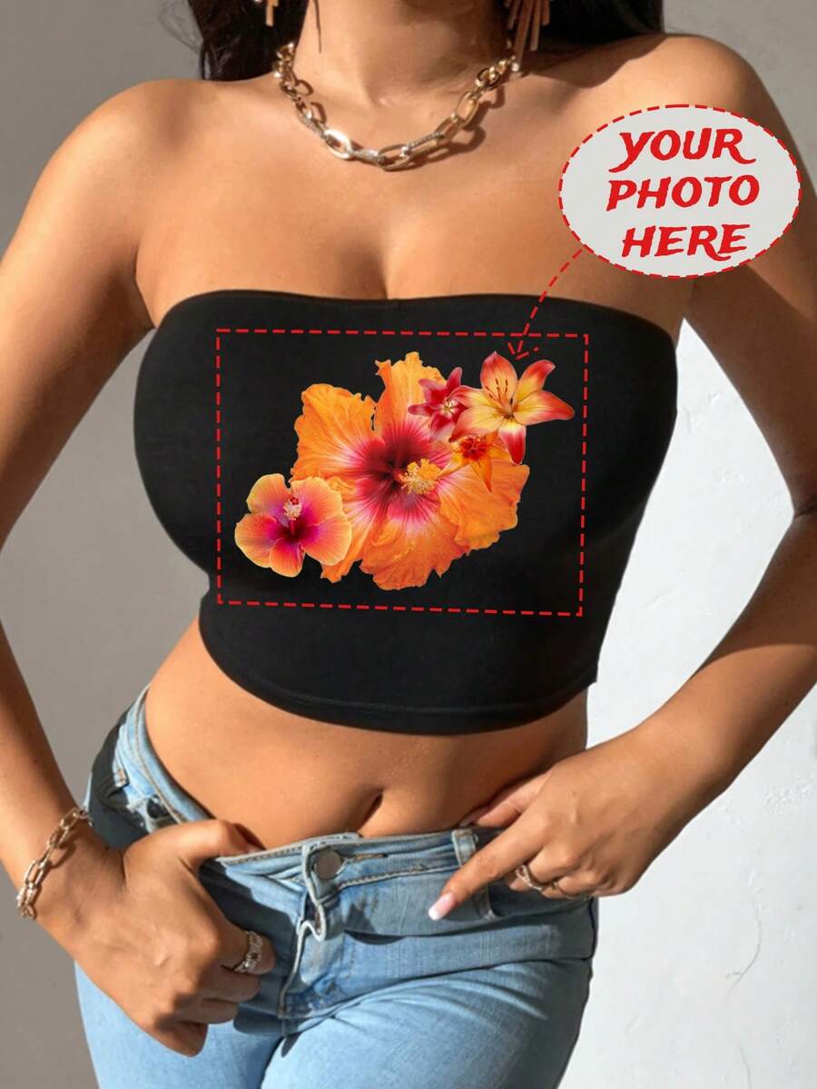 Customized Floral Print Tube Top - Black - View 1