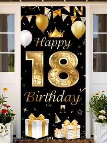 18th Happy Birthday Black And Gold Background Arch, Gold Balloon Gift Background Board, Party Banner Decoration, Birthday Celebration Party Supplies, Photo Booth Decor
