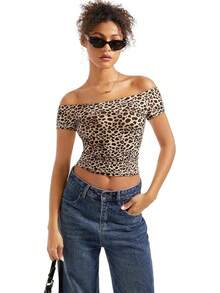 Women Double Lined Off Shoulder Tops Fitted Going Out Basic Shirts - Cheetah - View 5