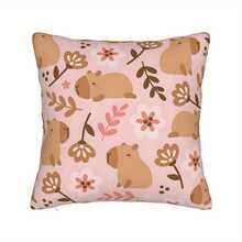 1pc Decorative Throw Pillow Cover Contemporary Pink Capybara & Floral Design 100% Polyester Zippered Cushion Case For Living Room Sofa And Chair Machine Washable Whimsical Home Decor - Multicolor - View 1
