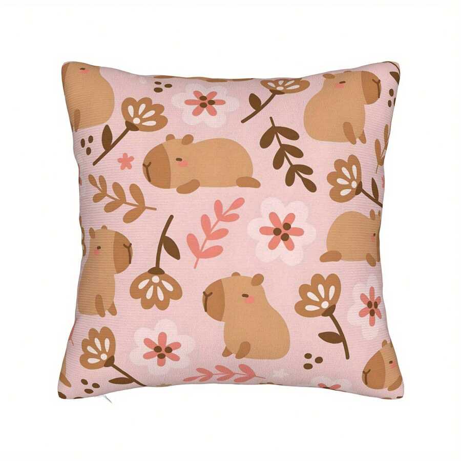 1pc Decorative Throw Pillow Cover Contemporary Pink Capybara & Floral Design 100% Polyester Zippered Cushion Case For Living Room Sofa And Chair Machine Washable Whimsical Home Decor - Multicolor - View 1