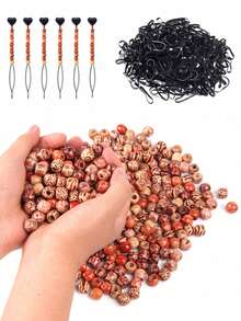 100 Stück 12mm Muster Farben Holz Dreadlock Haarperlen, inklusive 100 Stück Gummibänder und 1 Stück Werkzeug mit 5mm Loch für Loc Schmuck Haarclips, Klammern, Haarspangen, Haarspangen, Schulsachen, Set