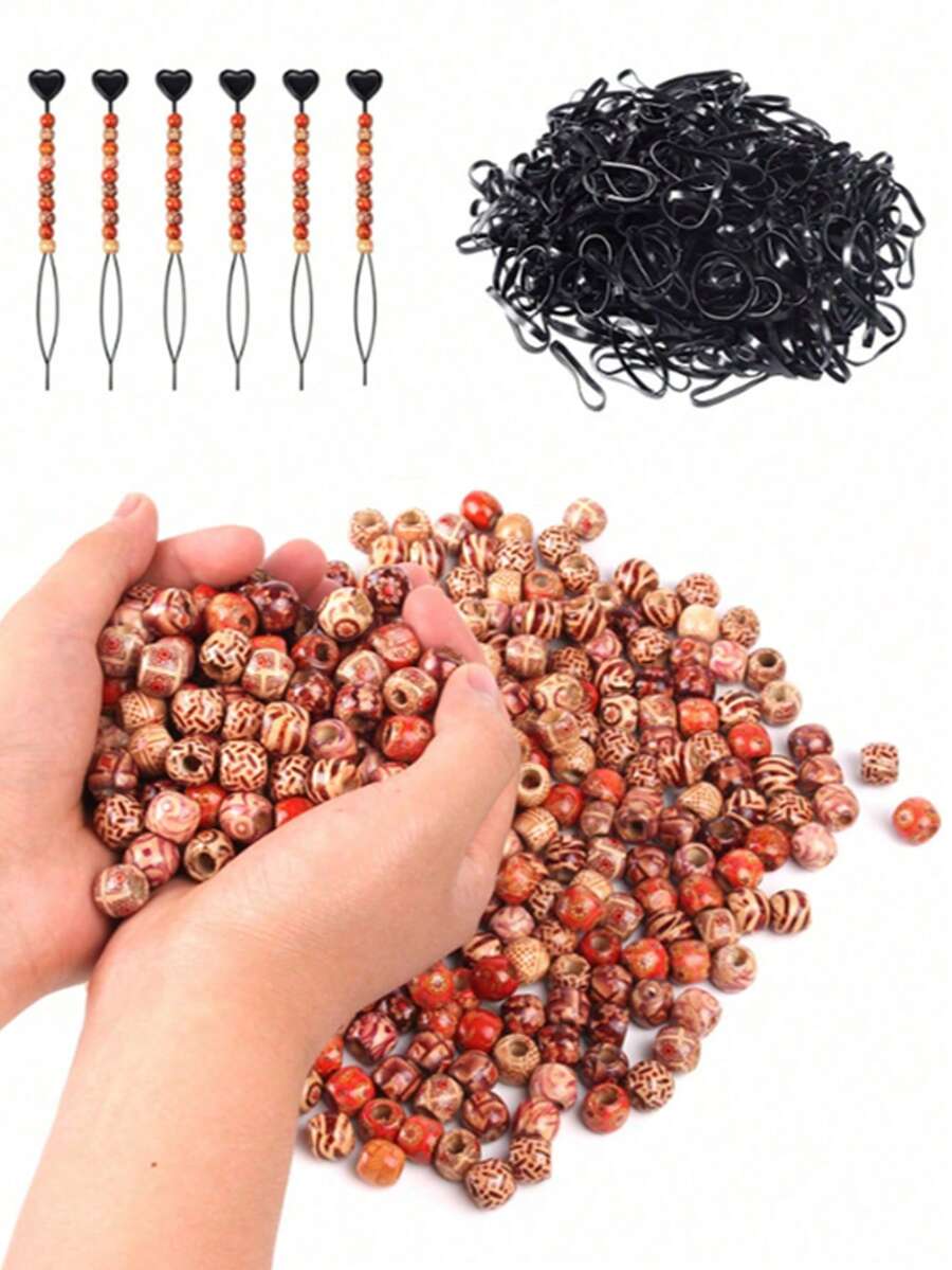 100 Stück 12mm Muster Farben Holz Dreadlock Haarperlen, inklusive 100 Stück Gummibänder und 1 Stück Werkzeug mit 5mm Loch für Loc Schmuck Haarclips, Klammern, Haarspangen, Haarspangen, Schulsachen, Set