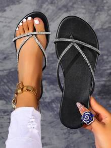 1 pereche sandale plate cu model boem, strălucitoare, elegante, casual, pentru petreceri, vacanță, modă, în aer liber, naveta, stil Y2K, stras, nuntă, club de noapte, potrivite pentru plajă, nuntă, vacanță, petrecere, birou, exterior, vară, șlapi fără mâneci, negri - Negru - Vizualizare 1